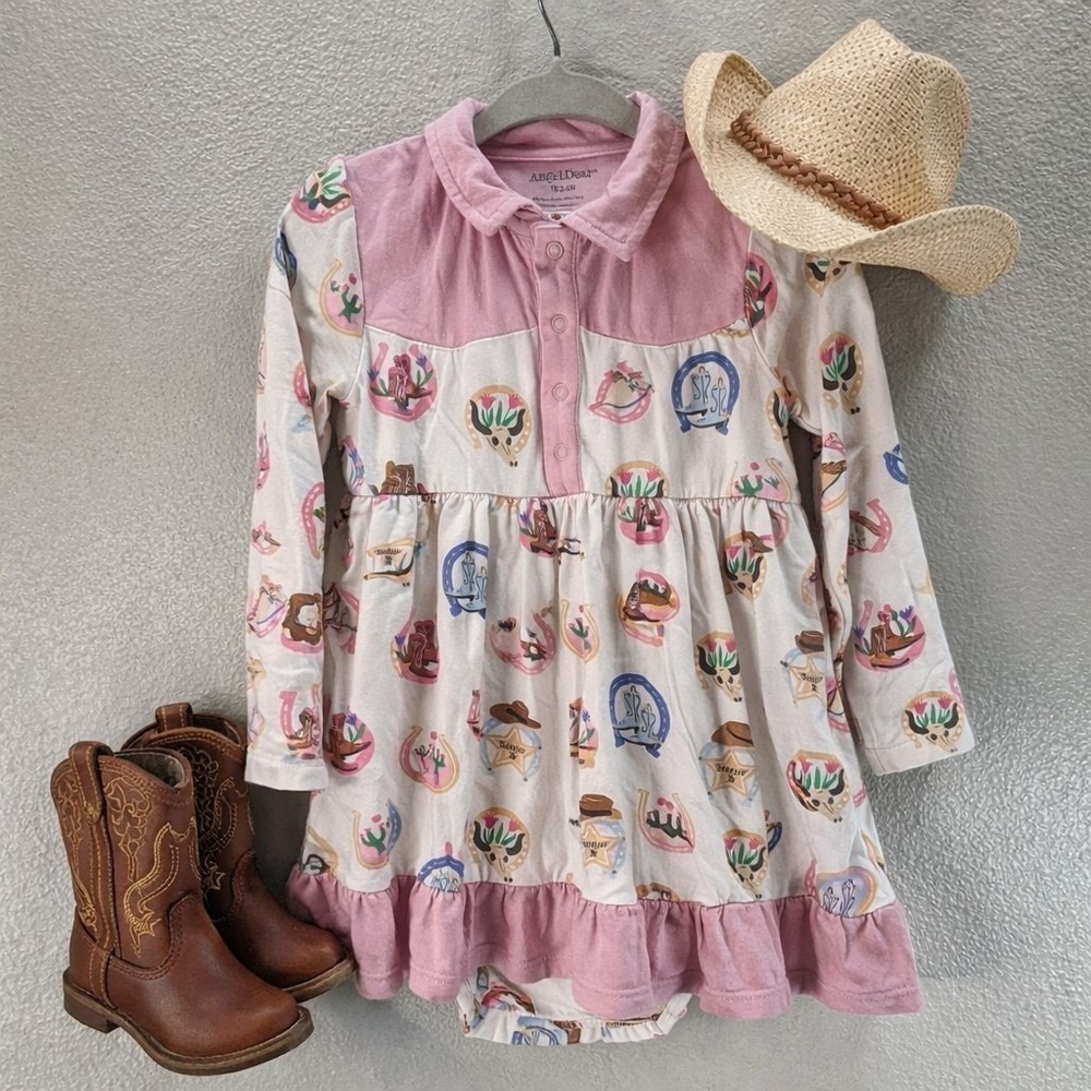 Angel Dear Western Print Dress Pink Ruffle Hem Long‎ Sleeve Toddler 18-24M